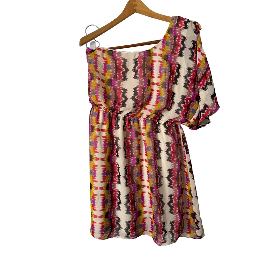 Forever 21 One Shoulder Mini Dress Womens Size M Multi Color Good Ikat Pattern